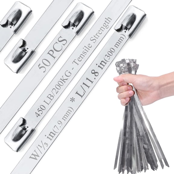 Metal ties (50 pieces), 12-inch (300mm) 304 stainless steel tie, 450-pound heavy duty (2 times stronger) with 0.31-inch (7.9mm), heat resistant for exhaust wrap/fence/pipes/car repair, replace metal