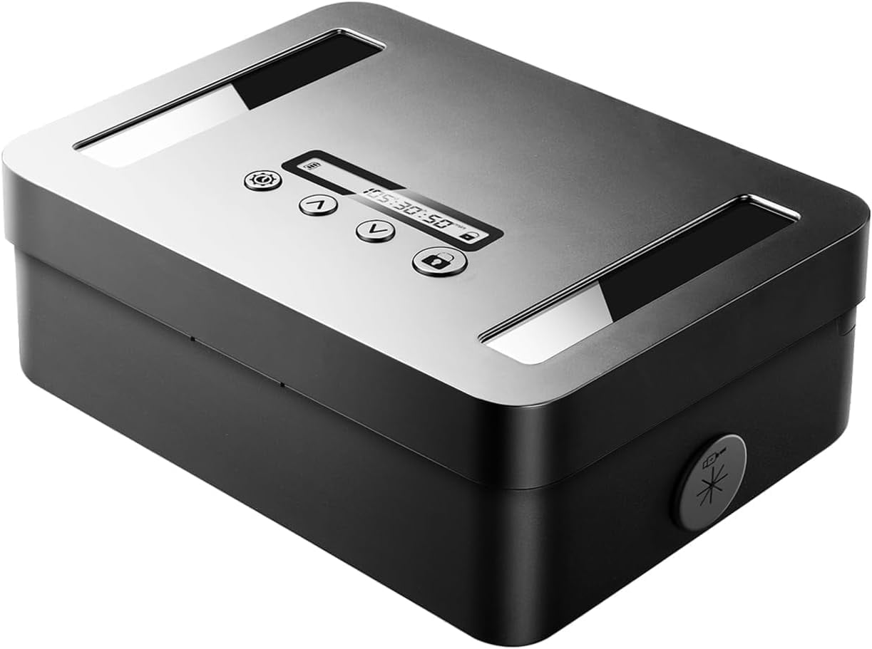 Metal timed lock box with timer, phone lock box, timed locking safe box, self-controlled container with charging, child lock, audio prompt, phone/medicine timed release storage cabinet