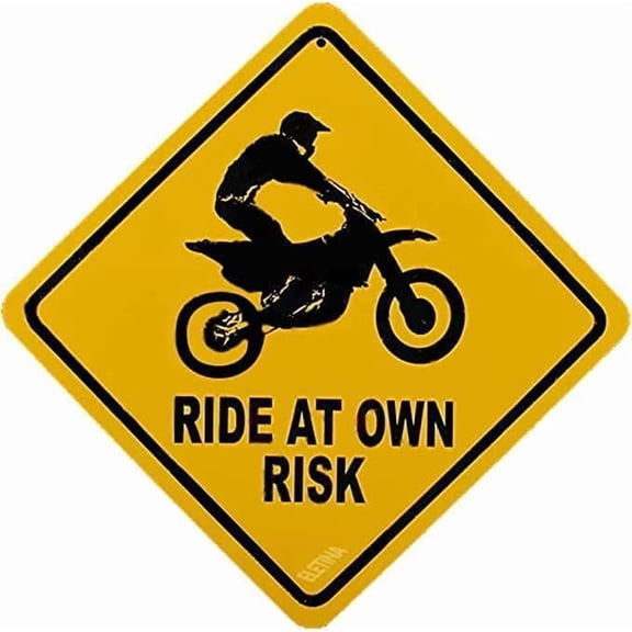 Metal tin Sign Treasure Gurus Caution Ride at Own Risk Dirt Bike Warning Sign Home Cave Garage bar Wall Decoration Metal Sign 12 x 12 inch