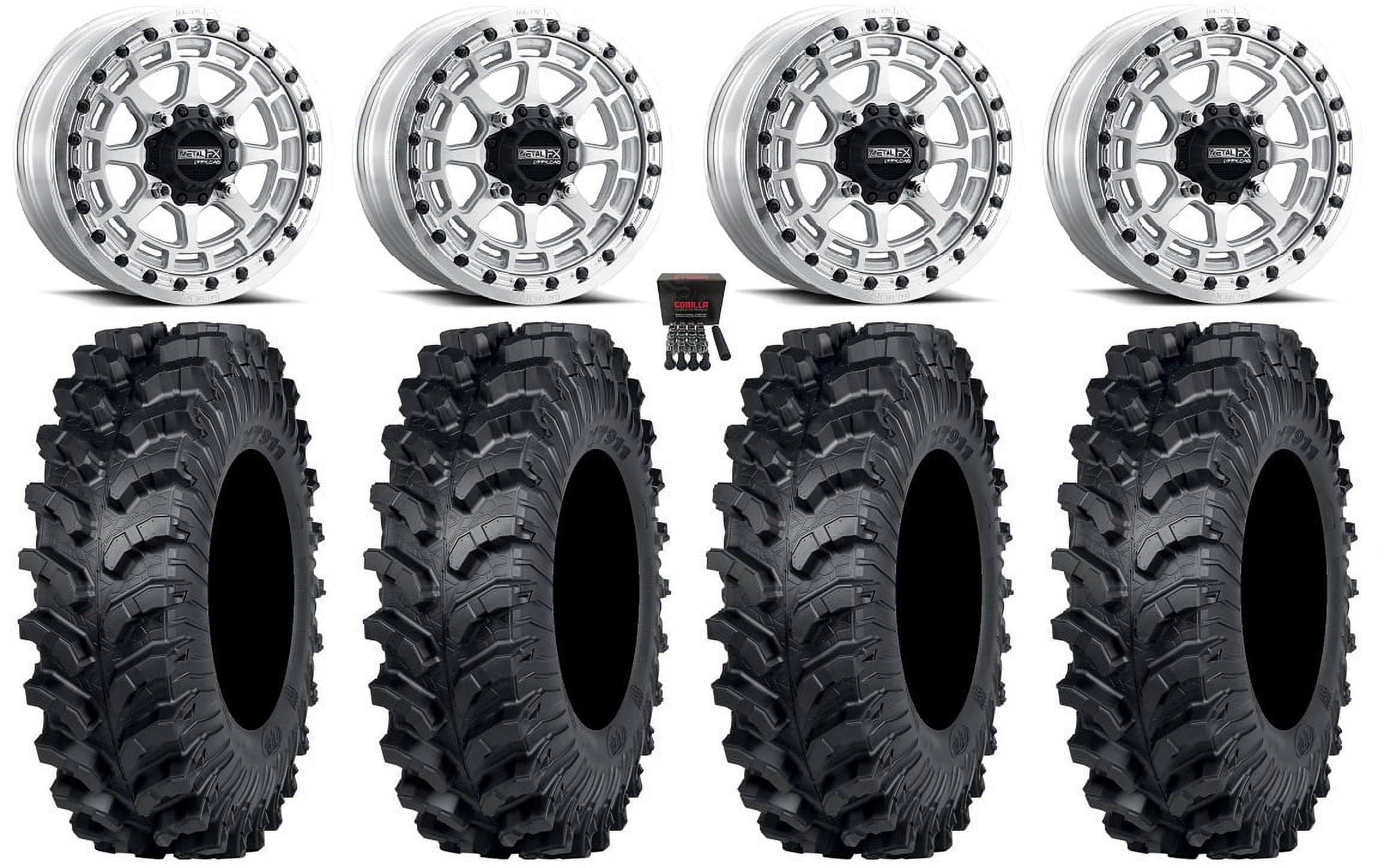 UTV Wheel & Tire Bundle - 4 Metal FX Outlaw R Beadlock 15x7 Wheels + 4 Obor 35x10-15 RocScraper Tires + Lug Kit