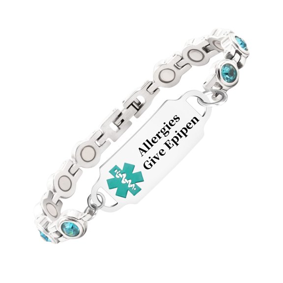 MetalJC Magnetic Stainless Steel Medical Alert ID Bracelet for Women, Engraved Allergies Give Epipen