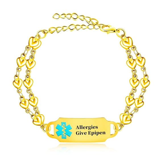 MetalJC Stainless Steel Medical Alert ID Bracelet for Women, Engraved Allergies Give Epipen