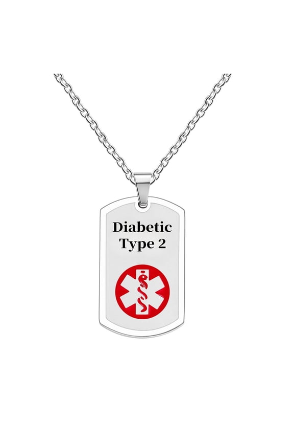 Stainless Steel Medical Alert ID Necklace Pendants for Men Women, Engraved Diabetic Type 2