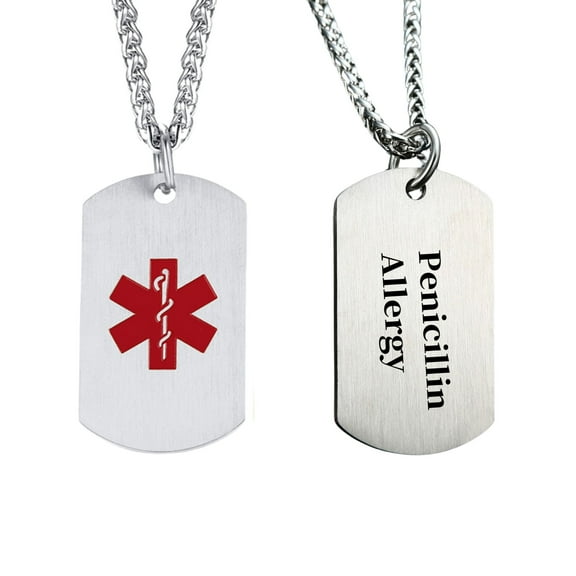 MetalJC Stainless Steel Medical Alert ID Necklace Pendants for Men Women, Engraved Penicillin Allergy