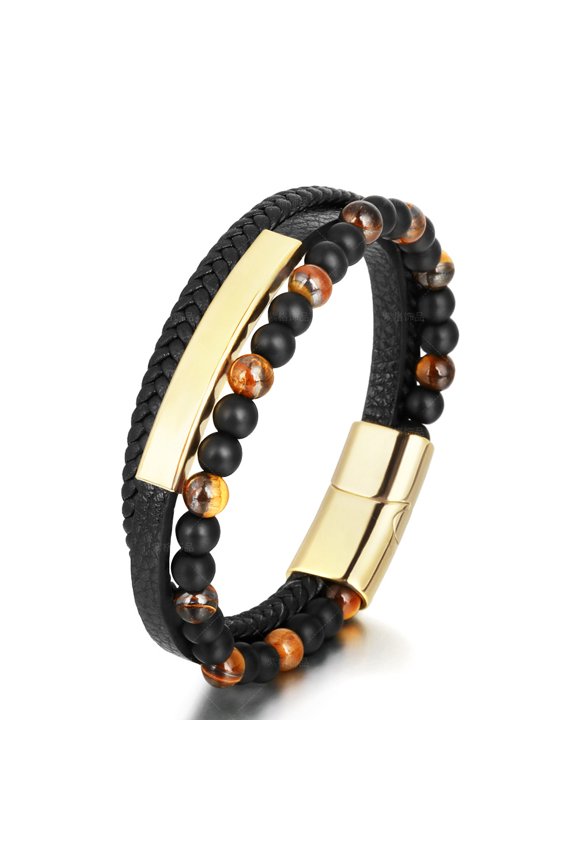 Stainless Steel Multi-Layered Braided Leather Tiger Eye Agate Bracelet for Men