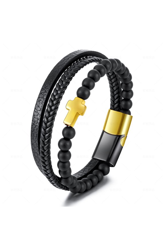 Stainless Steel Multi-Layered Braided Leather Tiger Eye Agate Cross Bracelet for Men