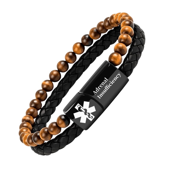 MetalJC Yellow Tiger's Eye Medical Alert ID Bracelet for Men, Engraved Adrenal Insufficiency