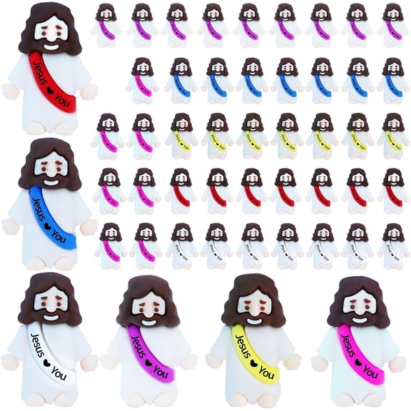 MetalM 50 Pcs Little Jesus Figures – Mini Rubber Jesus Toys Jesus Love You for Easter Egg Fillers Egg Hunts Religious Party Favors Gifts Hide and Seek Baptism Gifts Sunday School (Mix Color 6)