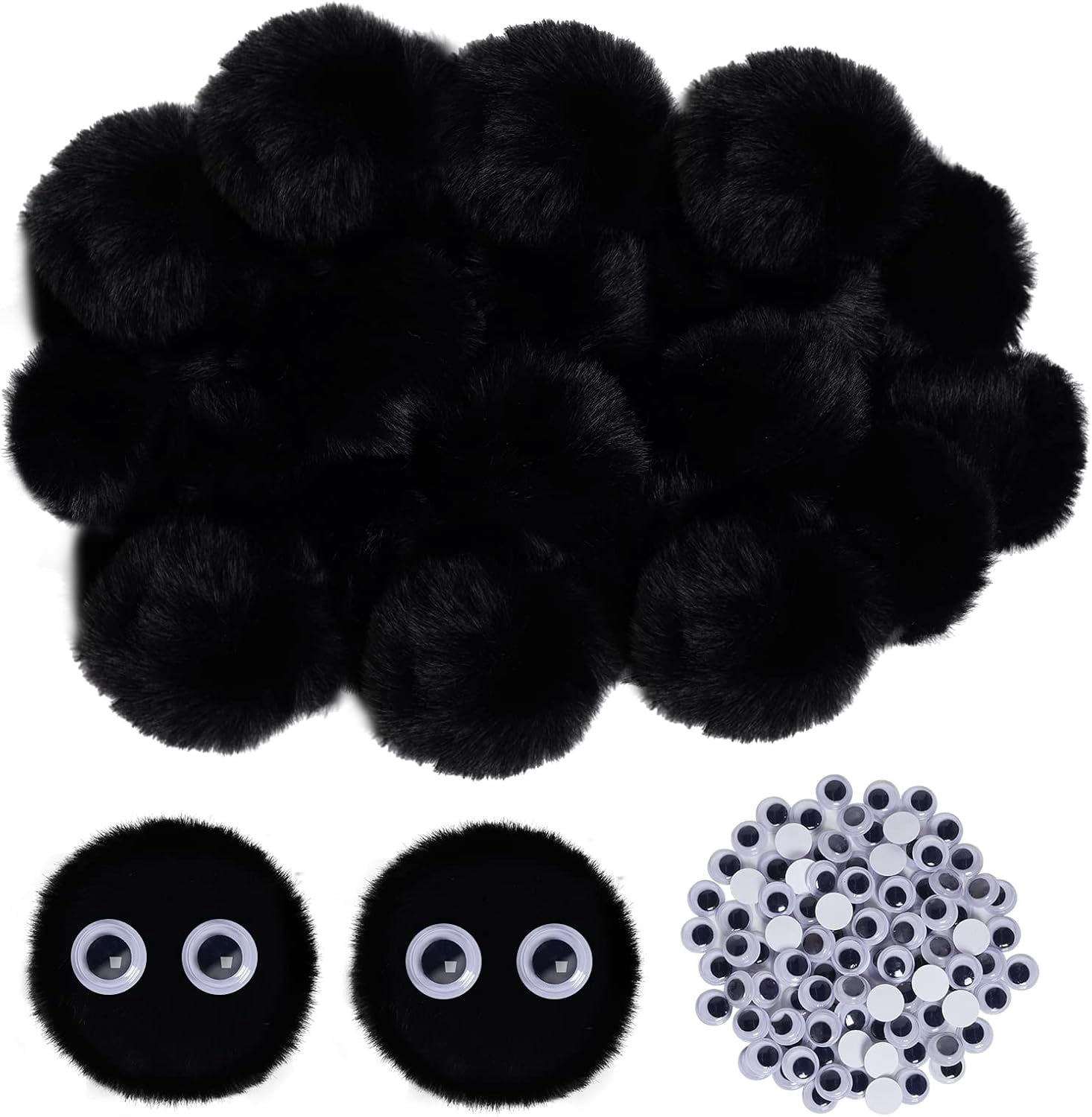 MetalM - 50pcs Acrylic Black Pompom Balls 2 Inch Acrylic Large Pompoms Balls Halloween Costume Pom Poms Crafts Pom Poms 100pcs Adhesive Eyes Halloween Party Christmas DIY Crafts