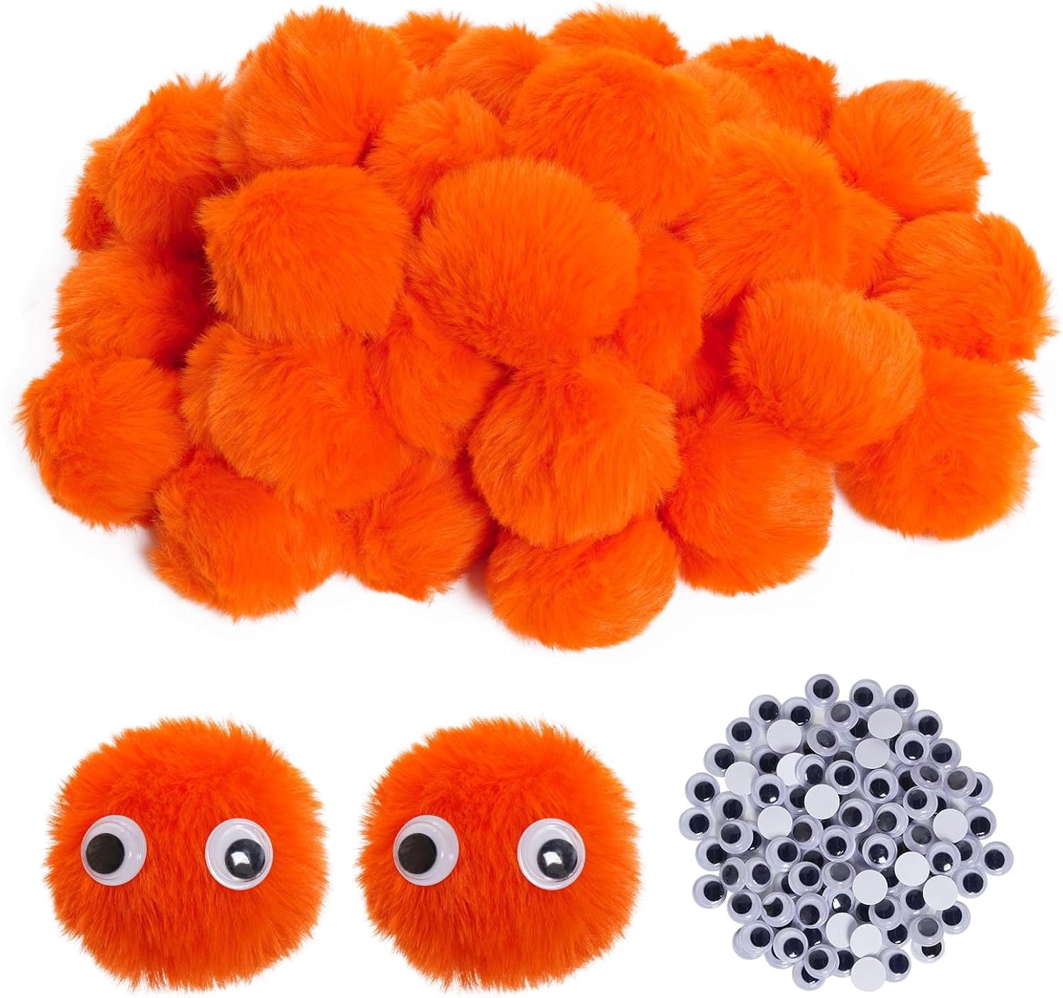 MetalM - 50pcs Acrylic Orange Pompom Balls 2 Inch Acrylic Pompoms Large Balls Halloween Costume Pom Poms Crafts Pom Poms with 100pcs Adhesive Eyes for Halloween Party Christmas DIY Crafts