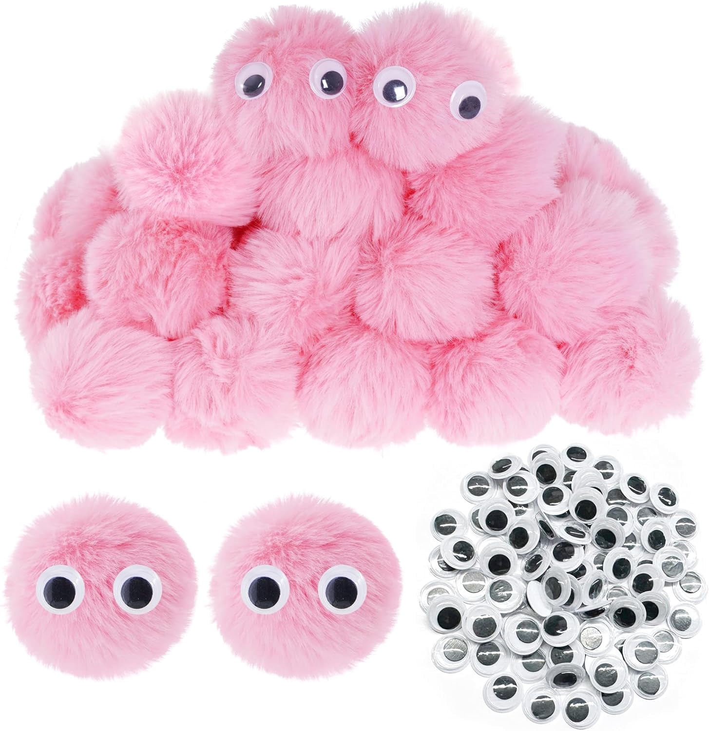 MetalM - 50pcs Acrylic Pink Pompom Balls 2 Inch Acrylic Pompoms Large Balls Halloween Costume Pom Poms Crafts Pom Poms with 100pcs Adhesive Eyes for Halloween Party Christmas DIY Crafts