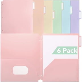 MetalM Plastic Folders with Pockets 3 Hole Punched, 6 Pack Pastel Pocket Folders for 3 Ring Binder, Unique 1/3 Cut Tabs with Colorful Labels, School Folders, Letter Size