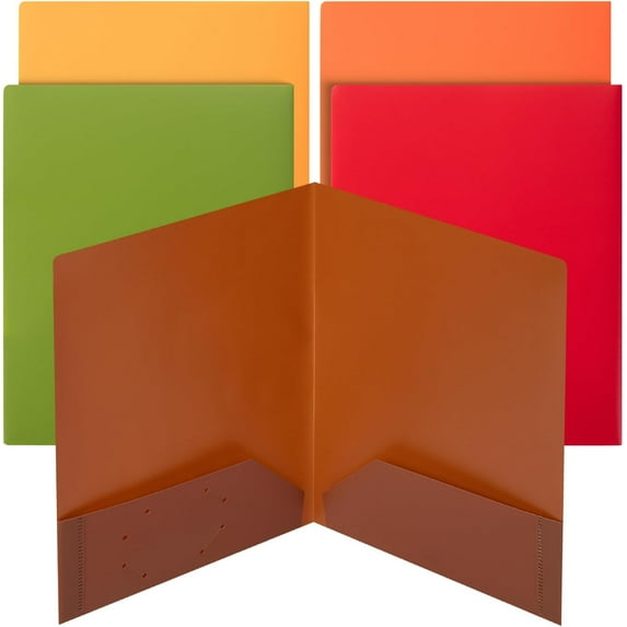 MetalM- Plastic Folders with Pockets, 5 Pack, Letter Size, Vibrant Autumn Colors, Heavy-Duty Plastic Pocket Folders for Documents