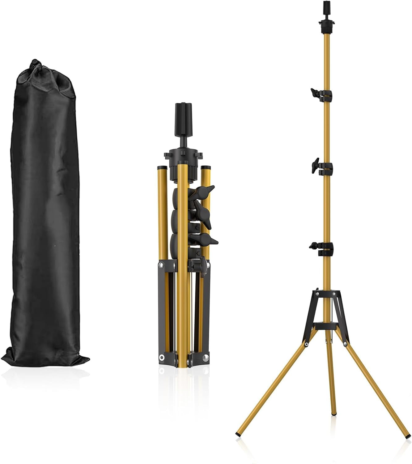 MetalM - Reinforced Mannequin Head Stand, Wig Stand Tripod, Adjustable Floor Holder, Manikin Stand for Cosmetology Hairdressing Training (Golden Metal)