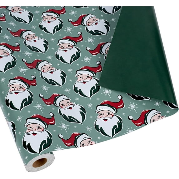 MetalM Reversible Christmas Wrapping Paper with Santa, 17 Inch x 33 Feet (47 sq.ft) Santa Claus and Solid Green Design for Holiday, Xmas, Season Party Celebration