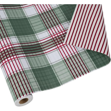 Reversible Geometric Plaid Wrapping Paper, 17 Inch x 33 Feet (47 sq.ft) Green Plaid Tartan, Red and White Stripe Printed Gift Wrap Paper for Christmas, Holiday, Season Party Celebration
