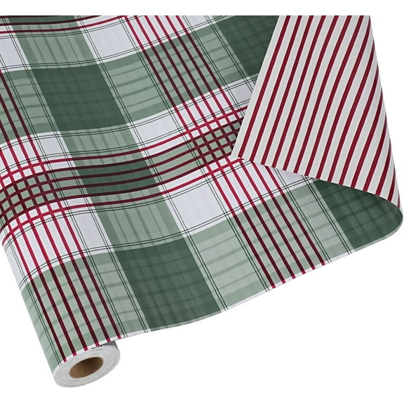 Reversible Geometric Plaid Wrapping Paper, 17 Inch x 33 Feet (47 sq.ft) Green Plaid Tartan, Red and White Stripe Printed Gift Wrap Paper for Christmas, Holiday, Season Party Celebration