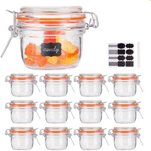 MetalM Small Glass Jars With Airtight Lids, Glass Spice Jars 5 oz,Maosn Jars With Leak Proof Rubber Gasket 150ml,Glass Storage Containers With Hinged Lid,Kitchen Canisters 12 Pack