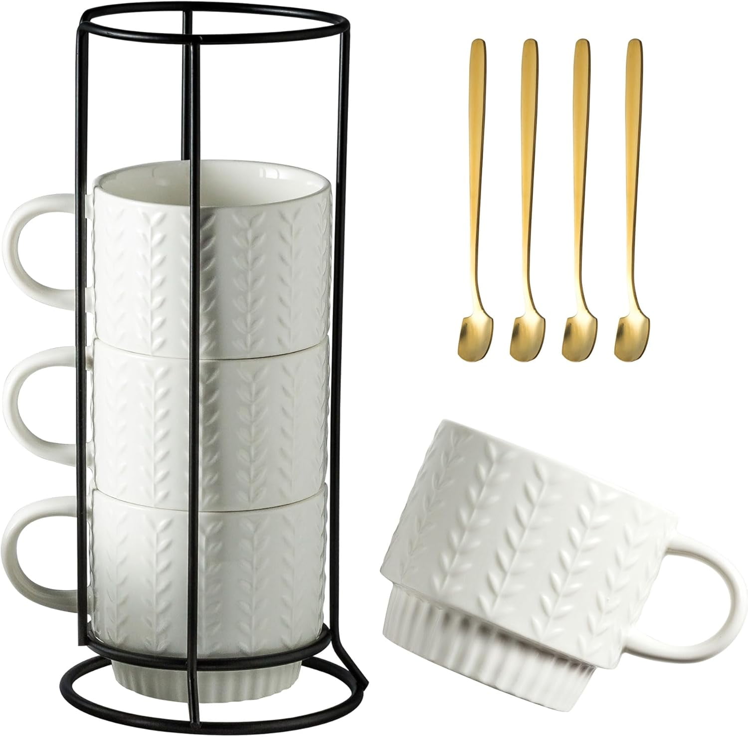 MetalM Stackable Coffee Mugs, Coffee Mug Set of 4 with Spoons & Stand, 13oz Espresso Cups for Drinks Latte Cappuccino Tea, Coffee Cup for Housewarming Birthday Gift, Dishwasher Safe, White