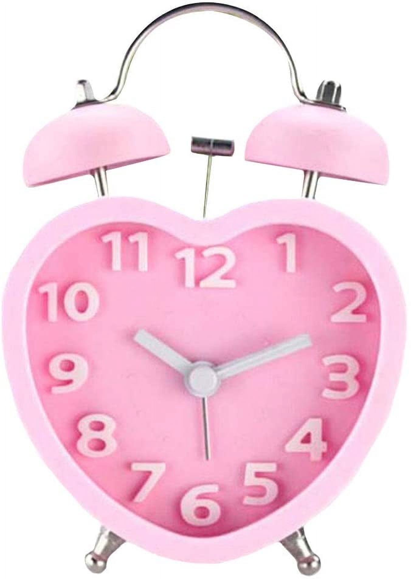 MetalM - Students Seniors 3in Twin Bell Loud Alarm Clock Silent Analog Quartz Nightlight Clock Battery Operated for Heavy Sleepers Heart Shape Pink