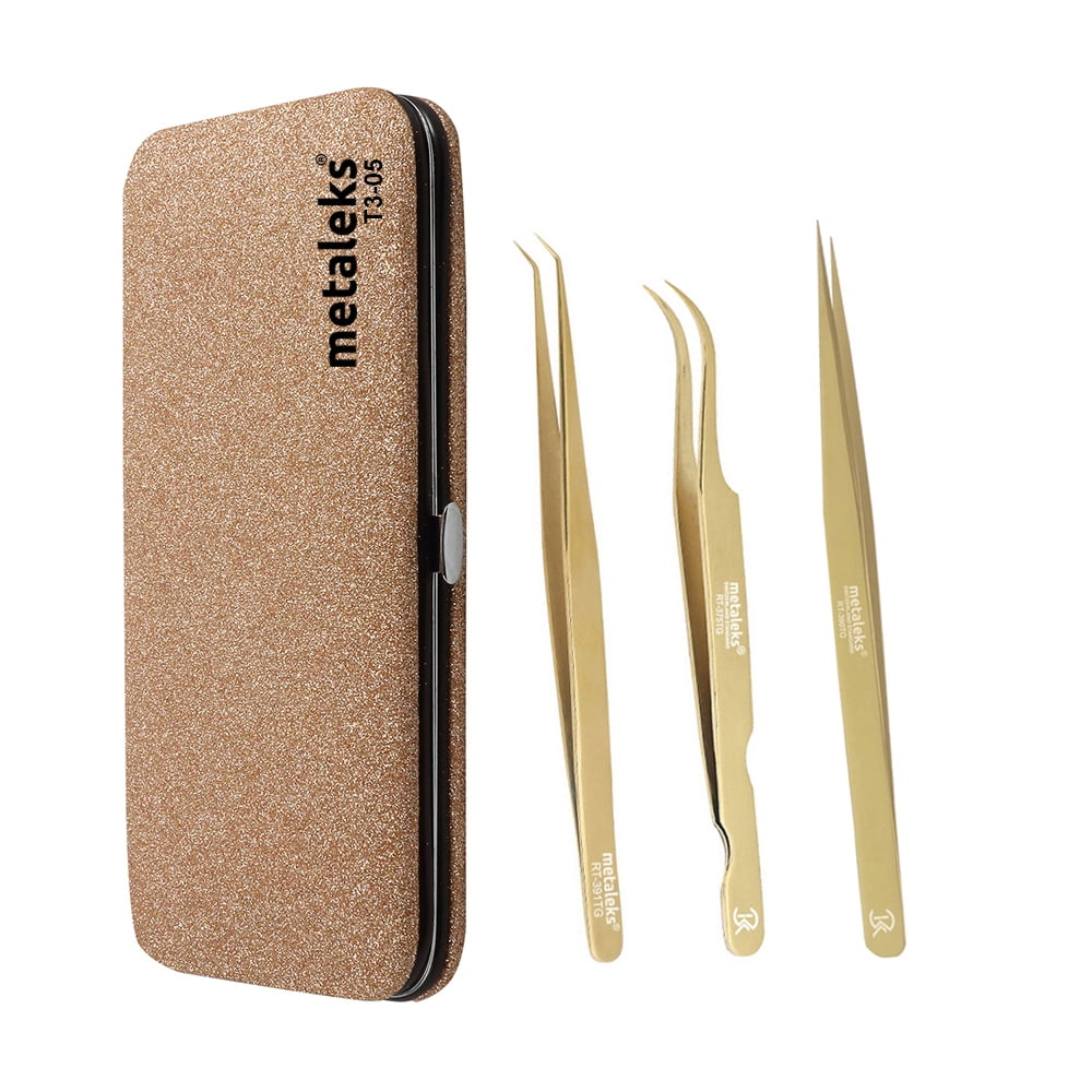 Metaleks 3Pcs Japanese Stainless Steel Tweezers for Eyelash Extension in Golden Titanium Coating with Copper Glitter Magnetic Kit