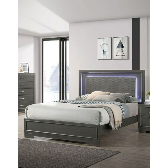 Metalic Gray Modern Contemporary 1pc California King Size Bed Textured Headboard w LED Bracket Feet Bedroom Furniture