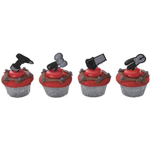 Metalic Tools Drill Hammer Saw Wrench Constuction -24pk Cupcake / Desert / Food Decoration Topper Picks with Favor Stickers & Sparkle Flakes
