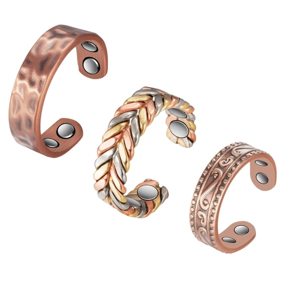Metaljc 3PCS 3500 Gauss Pure Copper Magnetic Rings for Women, Adjustable Gift Jewelry for Mom Wife Daughter