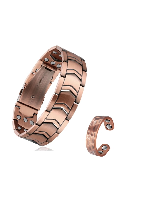 3X Strength Magnetic Copper Bracelet & Ring Set for Men - 2 Pieces, Perfect Gift for Husband