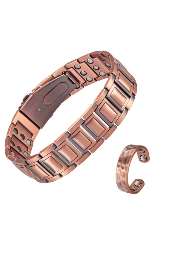 3X Strength Magnetic Copper Bracelet & Ring Set for Men - 2 Pieces, Perfect Gift for Husband