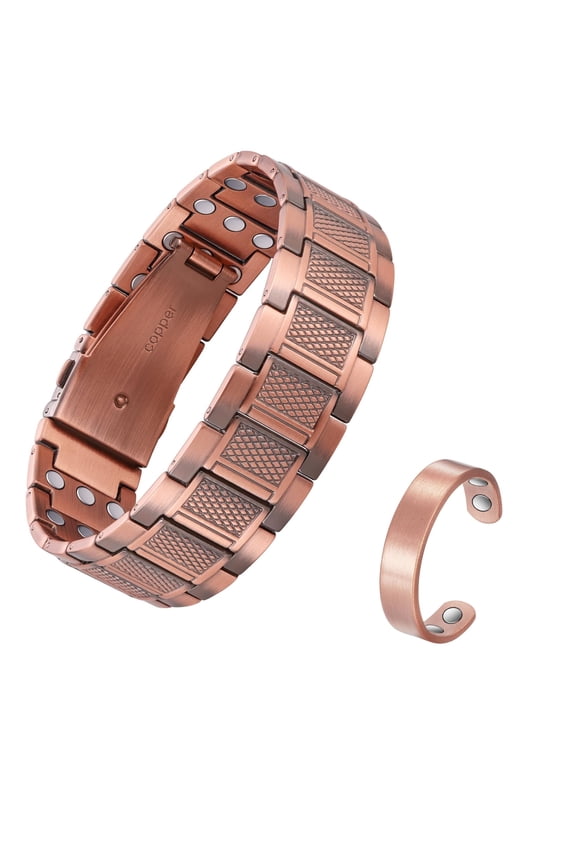 3X Strength Magnetic Copper Bracelet & Ring Set for Men - 2 Pieces, Perfect Gift for Husband