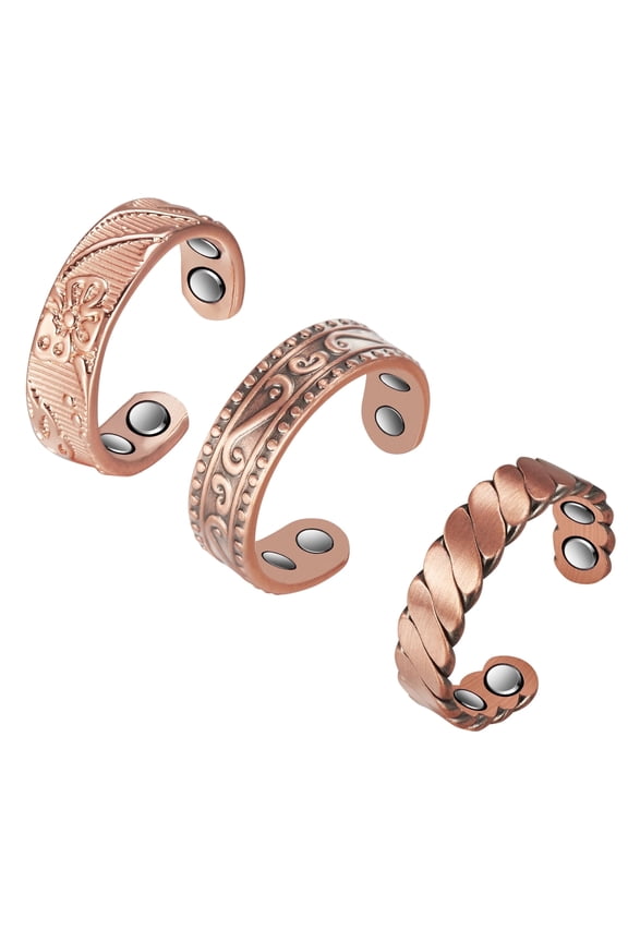 Elegant Magnetic Pure Copper Cuff Ring for Women, Set of 3 Adjustable Fashion Jewelry