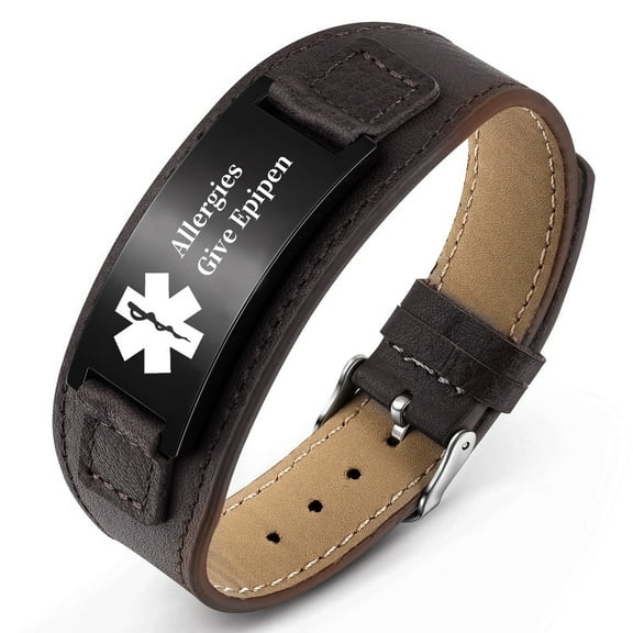 Metaljc Leather Medical Alert ID Bracelet for Men, Engraved Allergies Give Epipen, Adjustable