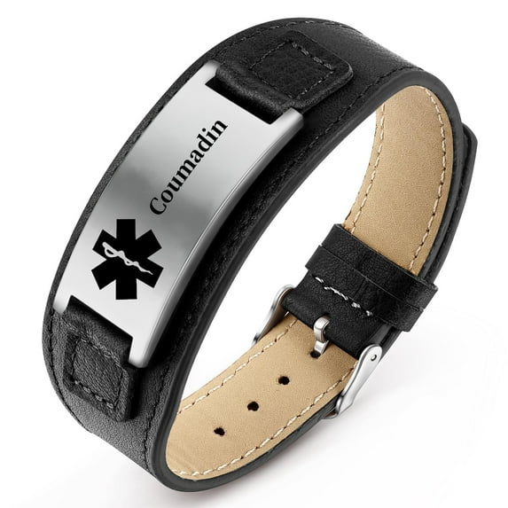 Metaljc Leather Medical Alert ID Bracelet for Men, Engraved Coumadin, Adjustable 6.1-8.1 in
