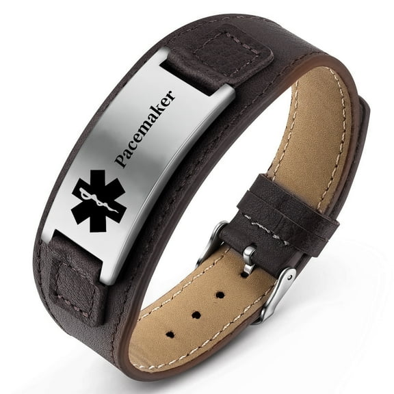 Metaljc Leather Medical Alert ID Bracelet for Men, Engraved Pacemaker, Adjustable 6.1-8.1 in