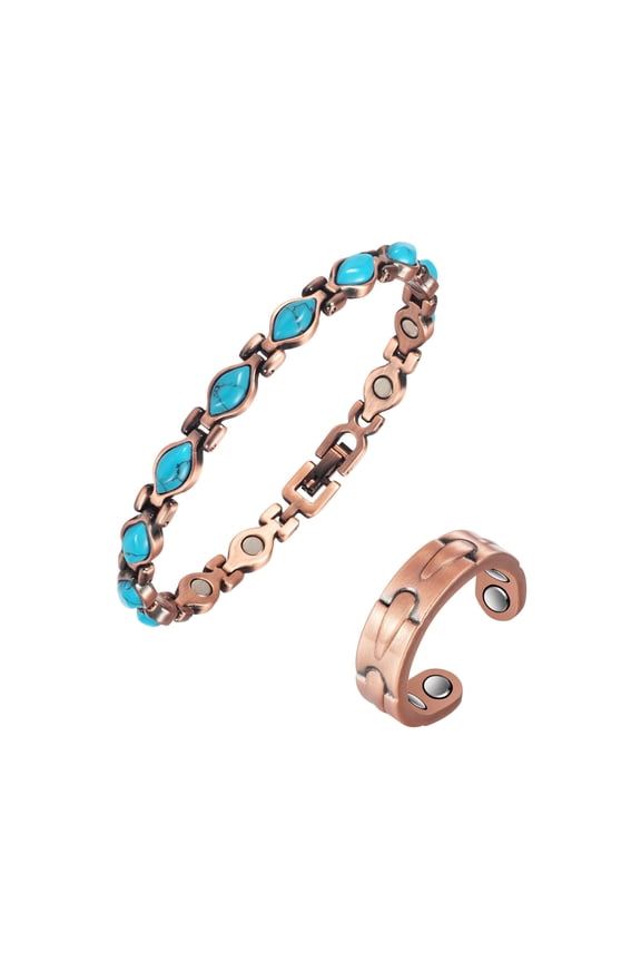 Magnetic Copper Cuff Bracelet & Ring Set for Men and Women, Adjustable, Set of 2