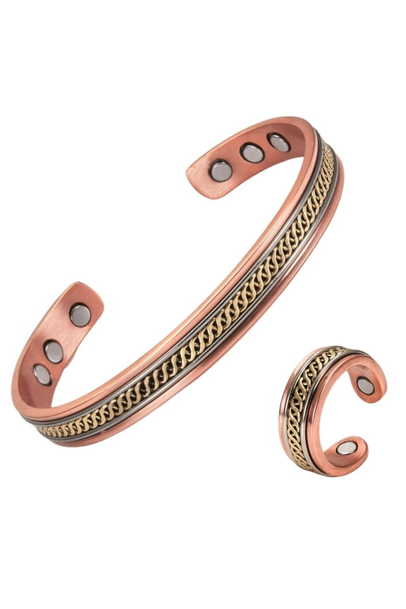 Magnetic Copper Cuff Bracelet and Ring Set for Women, Braided Texture, Set of 2, Adjustable