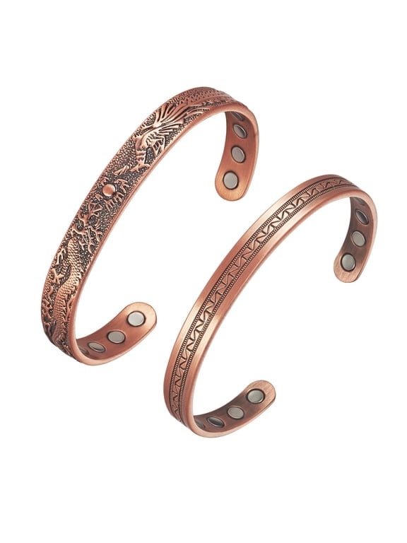 Magnetic Pure Copper Cuff Bracelets for Men and Women, Adjustable, Set of 2