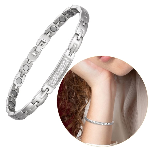Metaljc Stainless Steel Bracelet for Women with 3500 Gauss Magnets, Inlaid with White Zircon, Silver