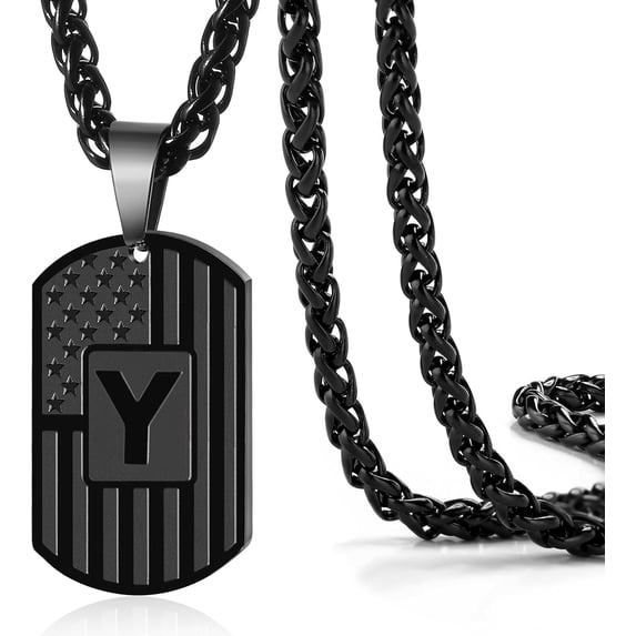 Metaljc Stainless Steel Initial Necklace, A-Z American Flag Dog Tag, Valentine's Gift for Men Women