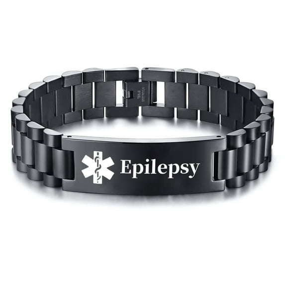 Metaljc Stainless Steel Medical Alert ID Bracelet for Men Women, Carving Epilepsy