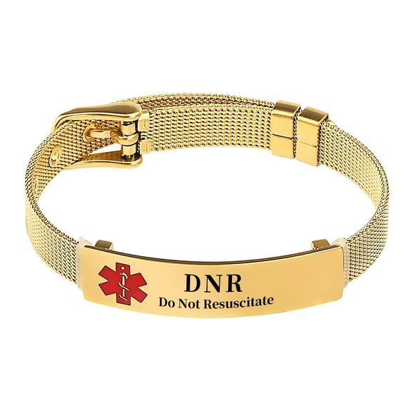 Metaljc Stainless Steel Medical Alert ID Bracelet for Men Women, Engraving DNR(Do Not Resuscitate), Gold