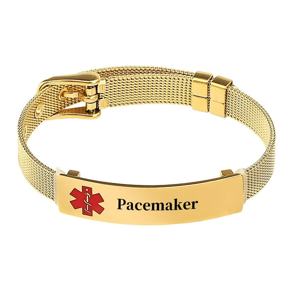 Metaljc Stainless Steel Medical Alert ID Bracelet for Men Women, Engraving Pacemaker, Gold
