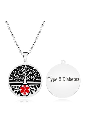 Stainless Steel Medical ID Alert Necklace for Men Women,Tree of Life, Type 2 Diabetes