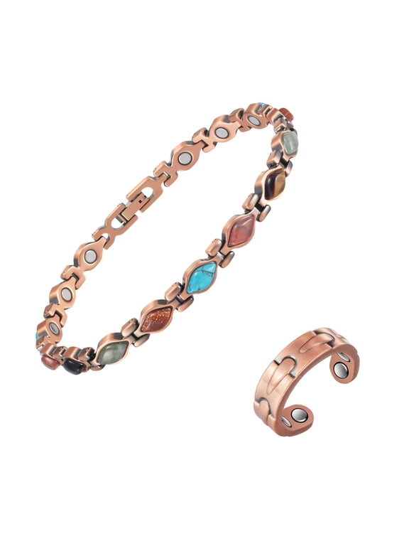 Turquoise & Copper Anklet & Ring Set - 3500 Gauss Magnets, Exquisite Gift for Women