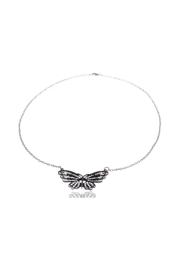 Metallic Alloy Silver Tone Filigree Wing Fly Butterfly Costume Pendant Necklace