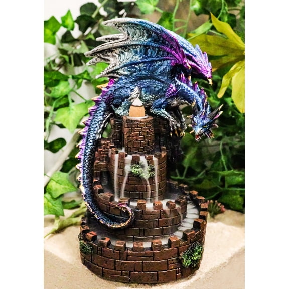 Metallic Blue Dragon On Spiral Steps Castle Tower Backflow Incense Cone Burner