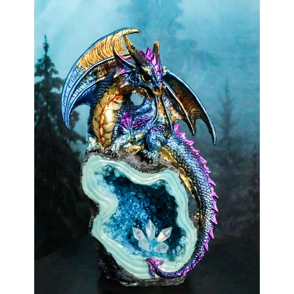 Metallic Blue Iridescent Dragon On Faux Geode Rock Quartz Crystal Cove Figurine