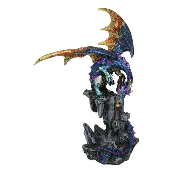Metallic Blue Iridescent Dragon Protecting Castle On Mountain Cliff Figurine