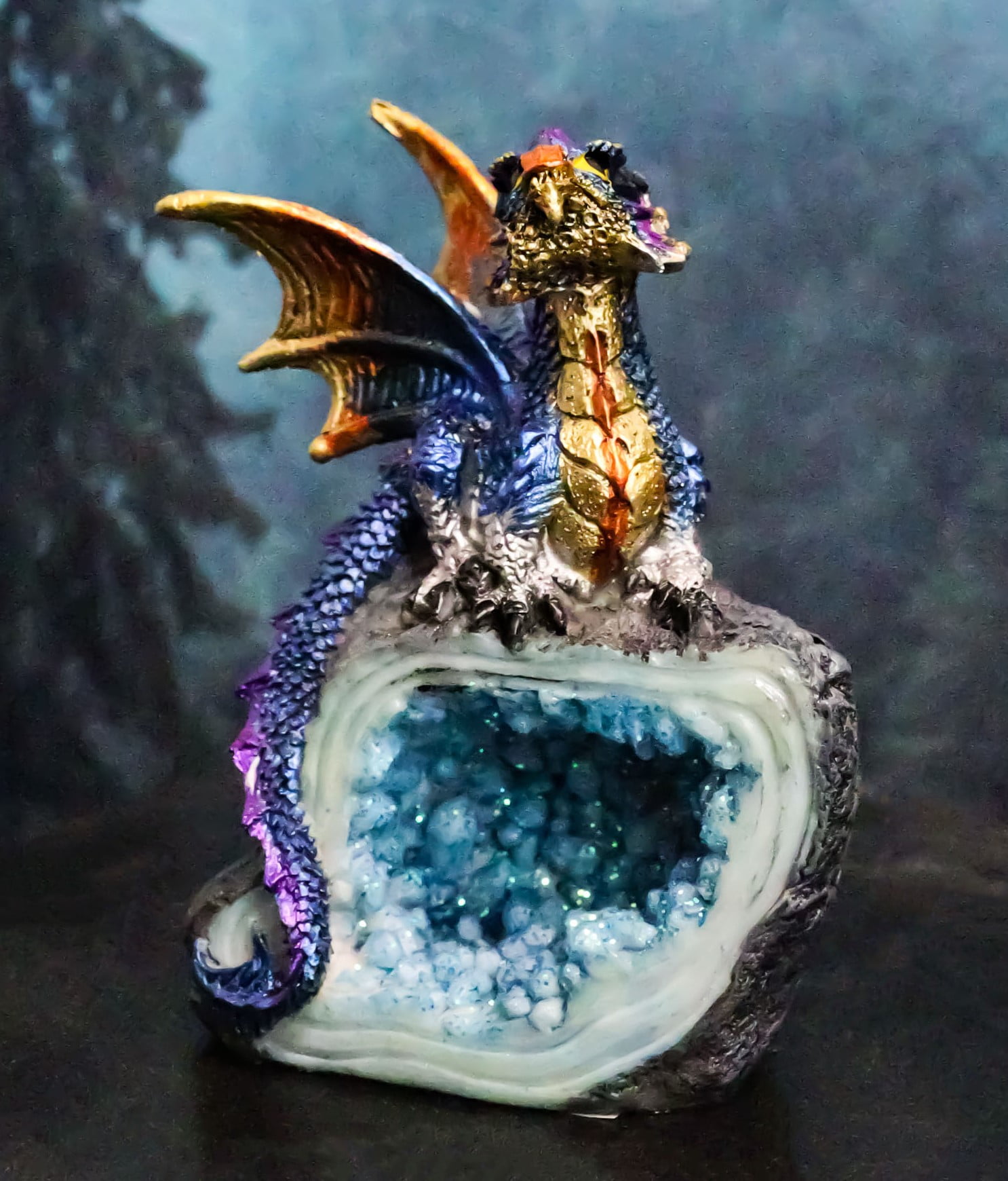 Metallic Blue Iridescent Wyrmling Dragon On Faux Geode Crystal Rock ...